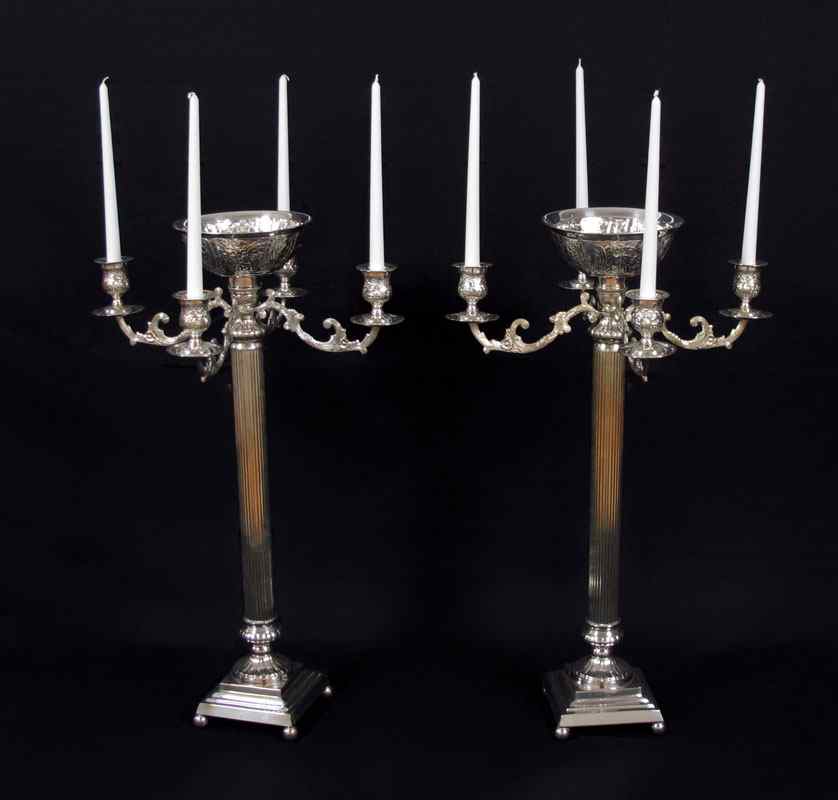 Appraisal: PAIR OF PALATIAL SILVERPLATE CANDELABRA light candelabra with centerbowl unmarked