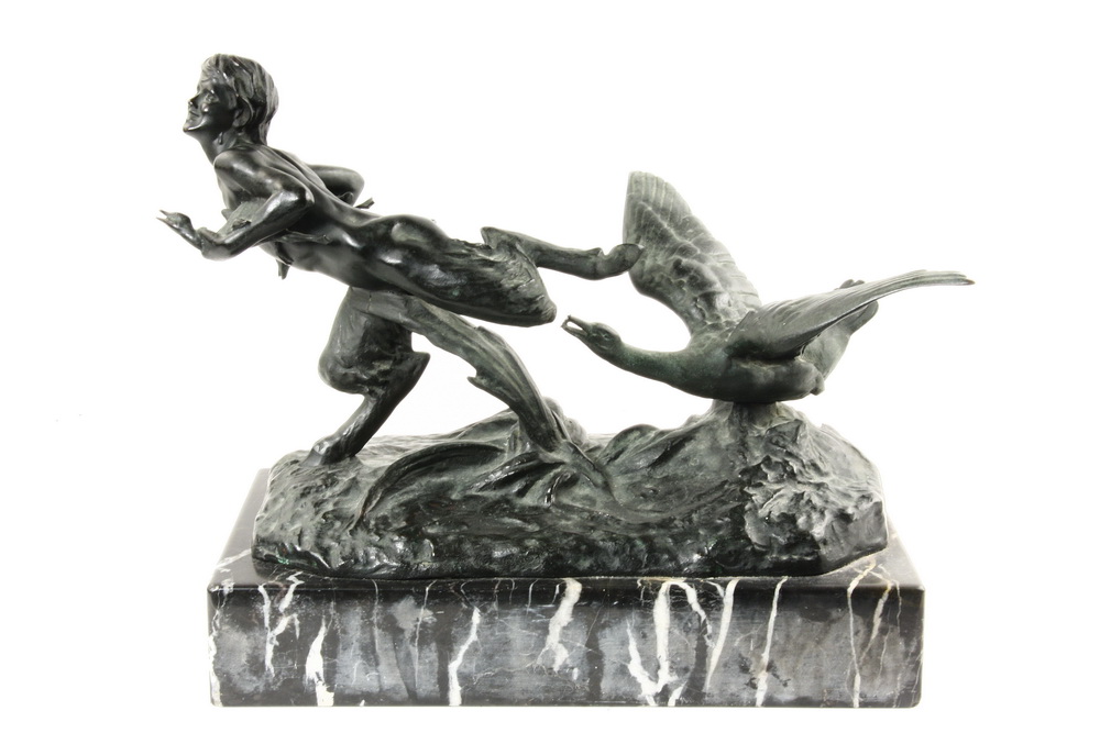 Appraisal: BRONZE SCULPTURE - Goose pursuing a satyr by Victor Heinrich