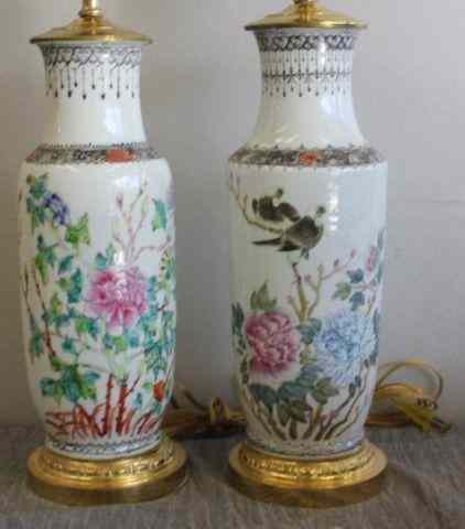 Appraisal: Pair of Chinese Porcelain Vases as Lamps Enamel decorated From