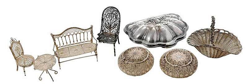 Appraisal: Eight Miniature Silver Items th century including filigree bench table