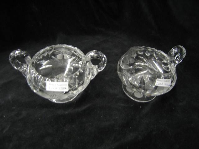 Appraisal: Cut Glass Creamer Sugar floral decor pedestal base excellent tall