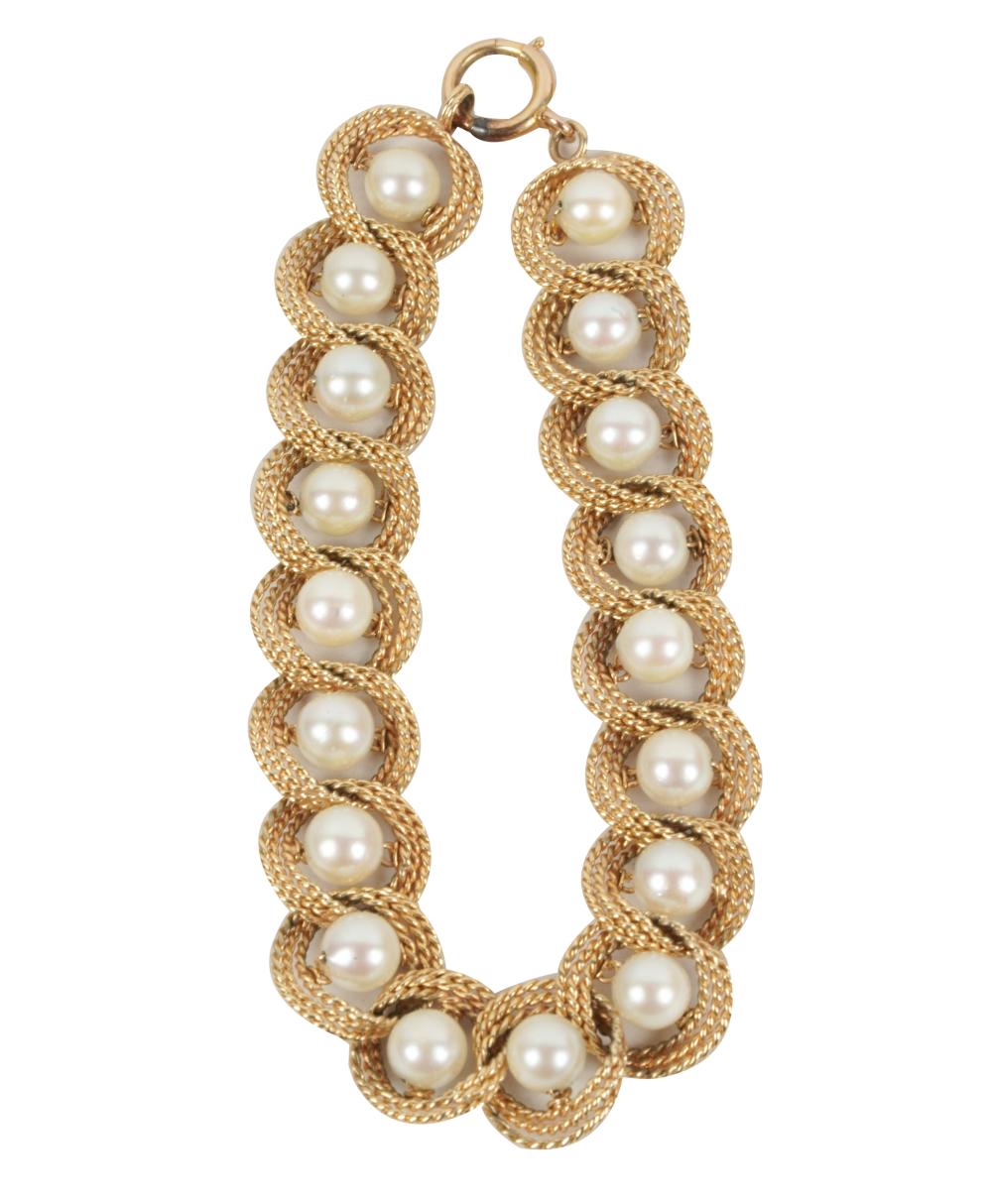 Appraisal: KARAT YELLOW GOLD CULTURED PEARL BRACELETcontaining round white drilled cultured