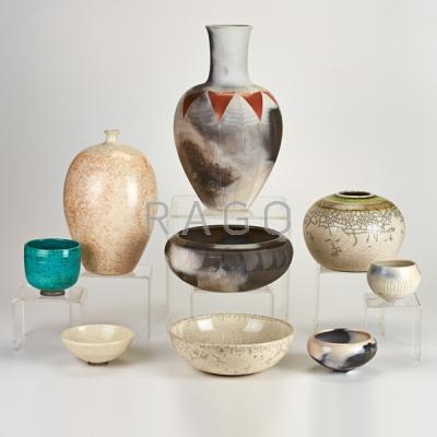 Appraisal: NANCEE MEEKER Nine pit-fired ceramic pieces two vases five bowls