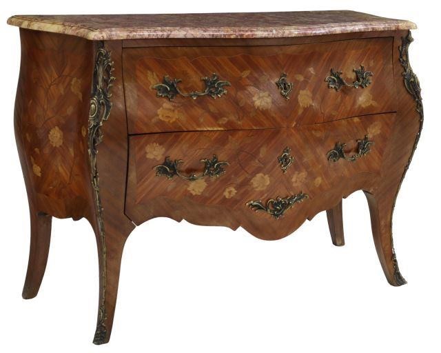 Appraisal: French Louis XV style marble-top bombe commode th c case