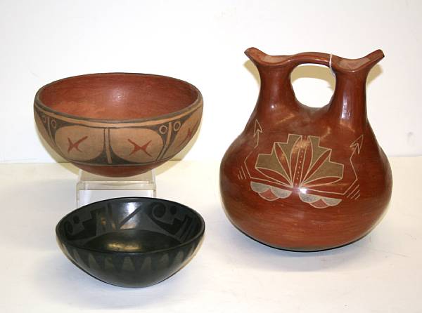 Appraisal: Three Southwest pottery items Including a Zia dough bowl Mary