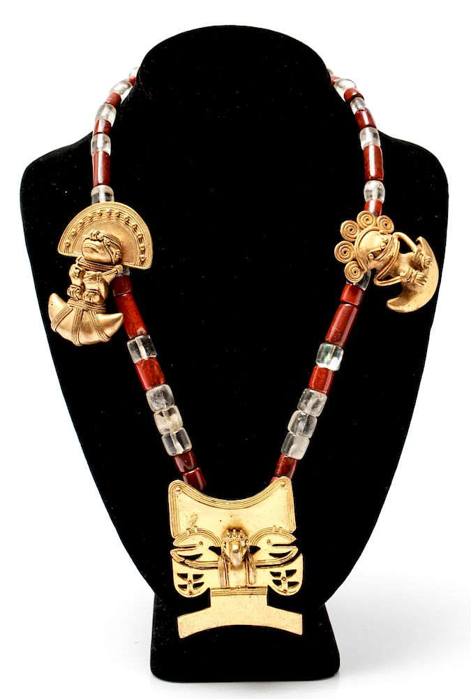 Appraisal: Pre-Columbian Tumbaga Gold Quartz Jasper Necklace Pre-Columbian Tumbaga gold rock