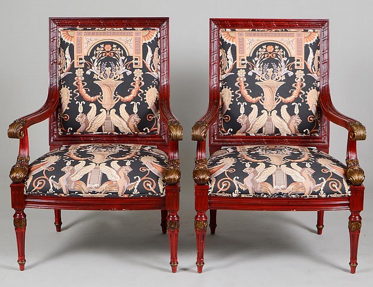 Appraisal: PAIR OF LARGE EMPIRE STYLE STAINED WOOD ARMCHAIRSModern With rectangular