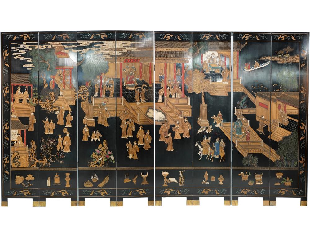 Appraisal: CHINESE LACQUERED EIGHT-PANEL SCREENwith brass-wrapped feet Dimensions each x in