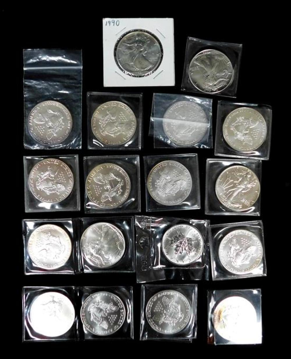 Appraisal: COINS Eighteen coins including seventeen uncirculated one ounce silver Eagles