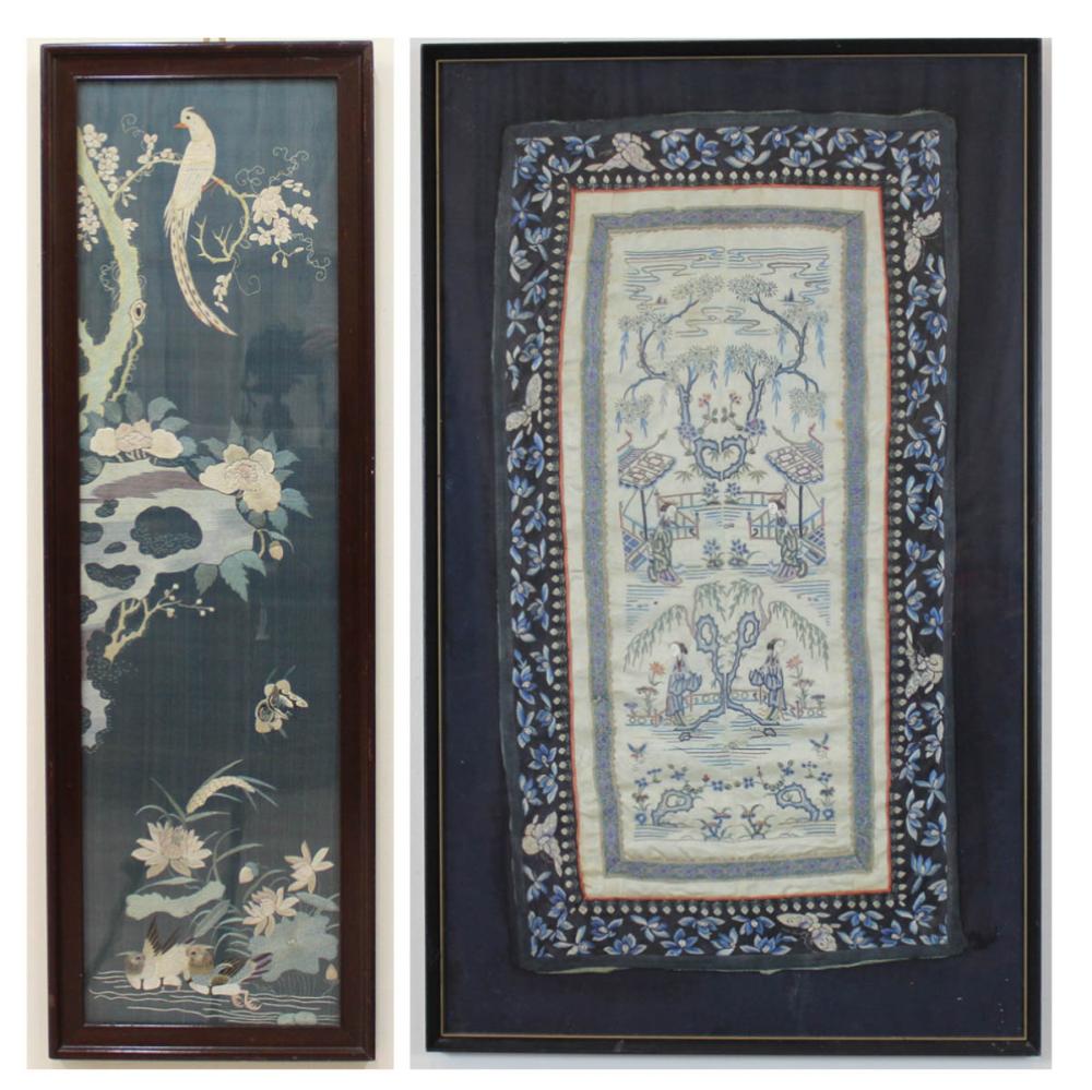 Appraisal: TWO PICTORIAL CHINESE EMBROIDERIES ON SILK birds butterflies and flowers