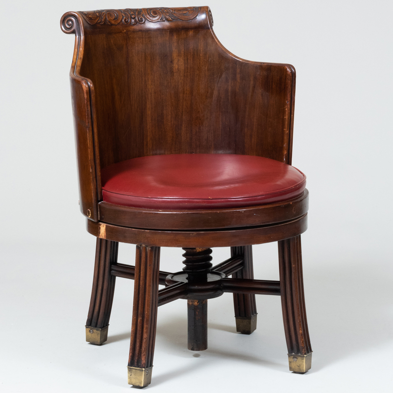 Appraisal: Continental Carved Mahogany Swivel Desk Chair With fixed upholstered seat