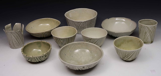 Appraisal: Alison Taylor British - Bowls and pots celadon glaze incised