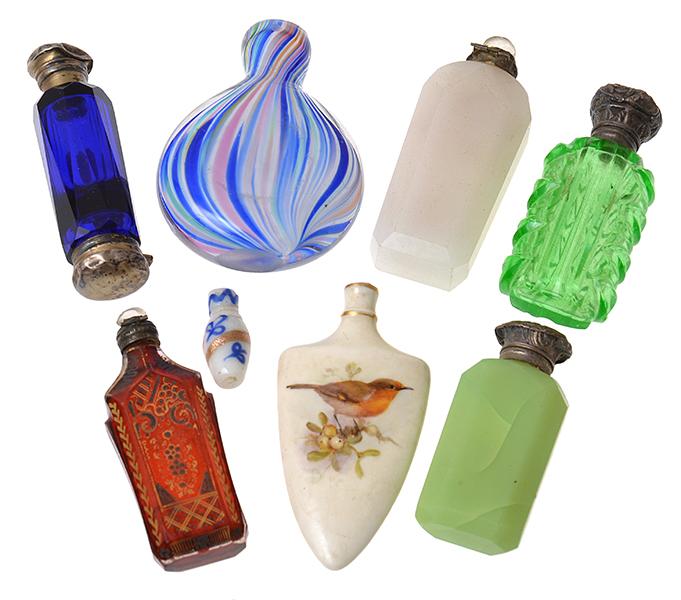 Appraisal: SEVEN GLASS SCENT BOTTLES INCLUDING TRANSLUCENT AND OPAQUE GLASS AS