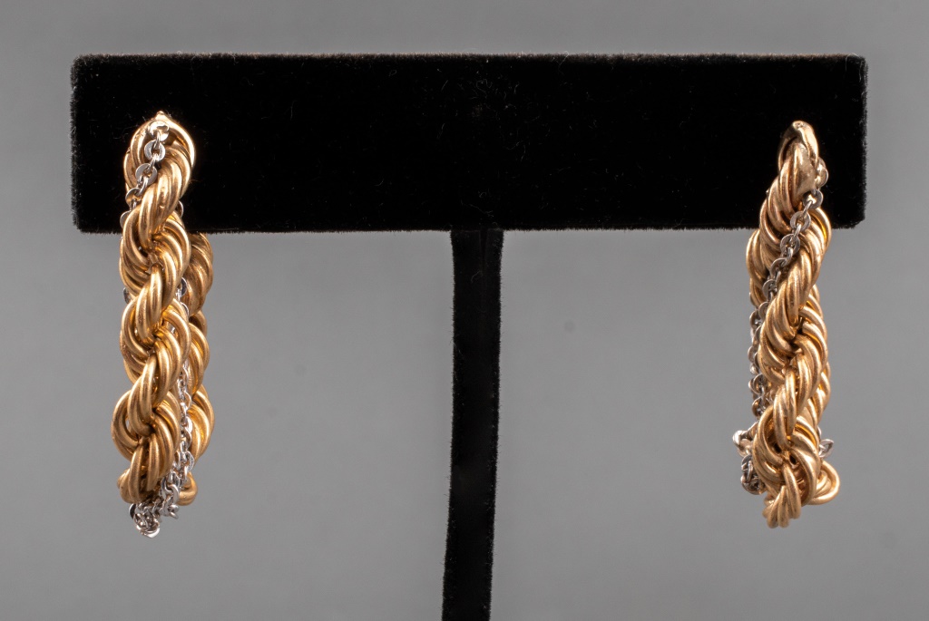 Appraisal: K YELLOW WHITE GOLD ROPE CHAIN HOOP EARRINGS Vintage K