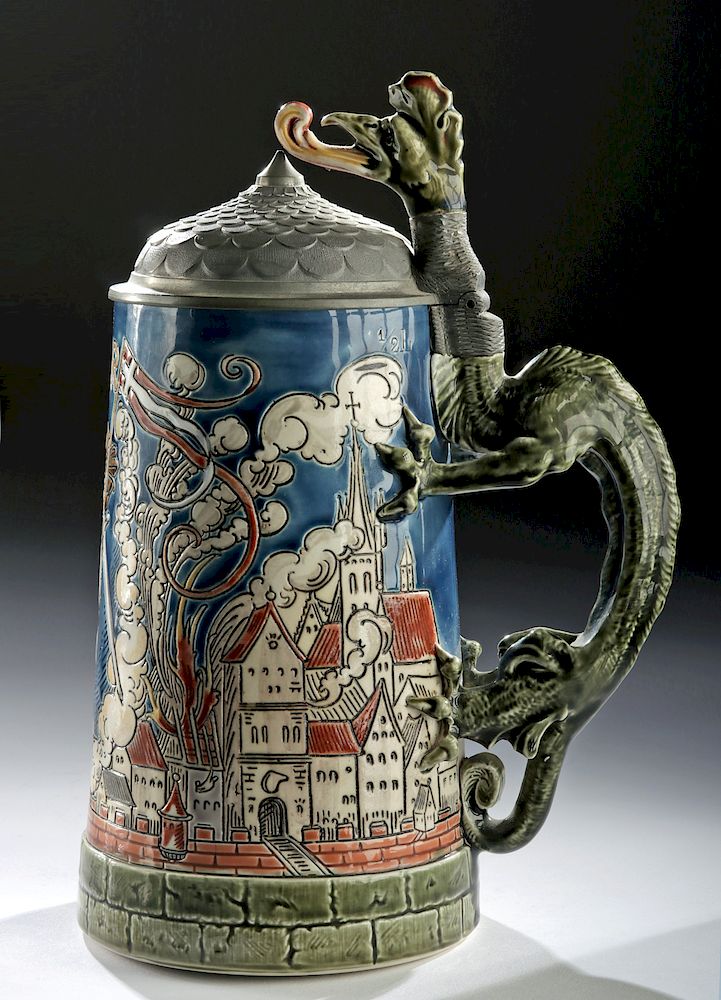 Appraisal: th C Mettlach Stoneware Pewter Stein St Florian Europe Germany