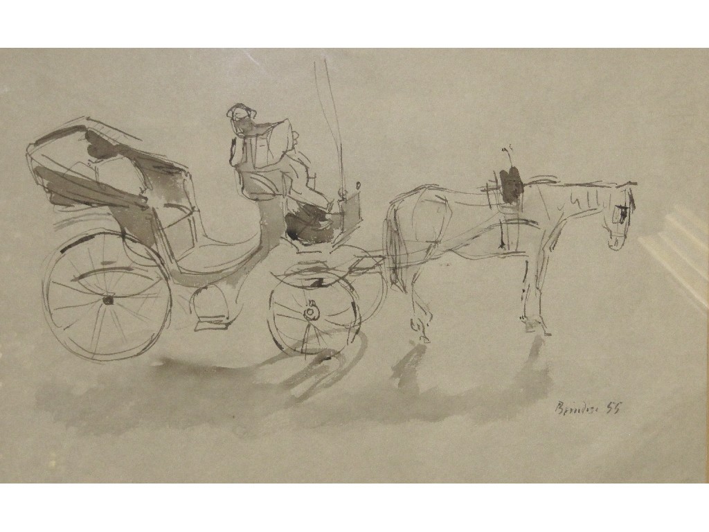 Appraisal: Pen and wash drawing of a horse and carriage signed