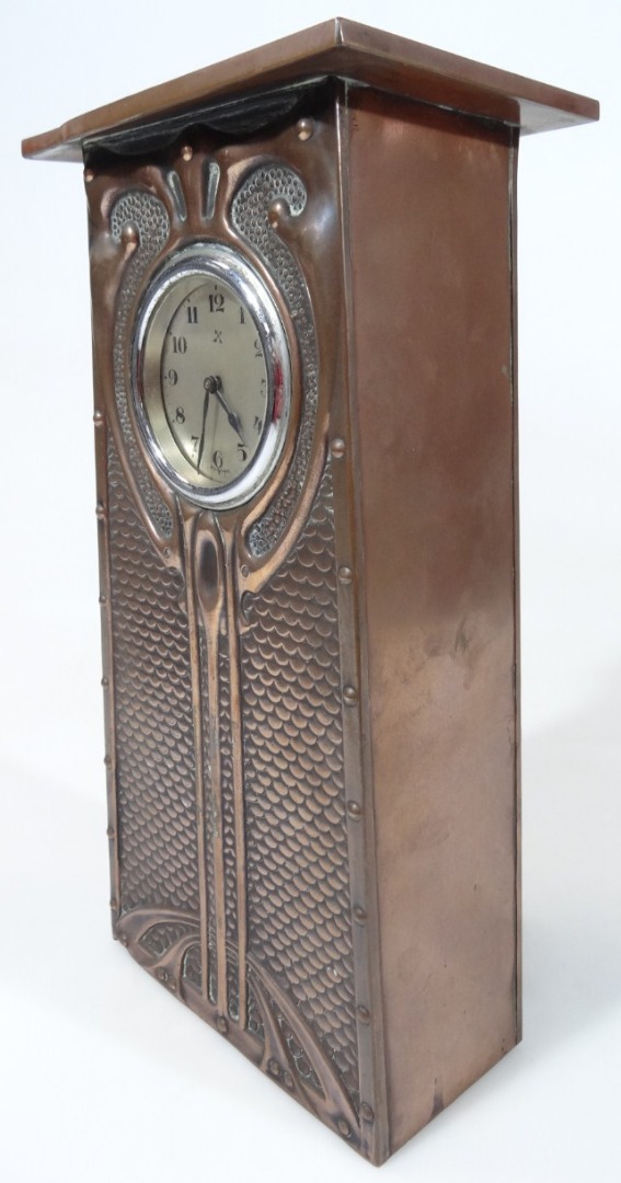 Appraisal: An early thC HAC Art Nouveau design copper mantel clock