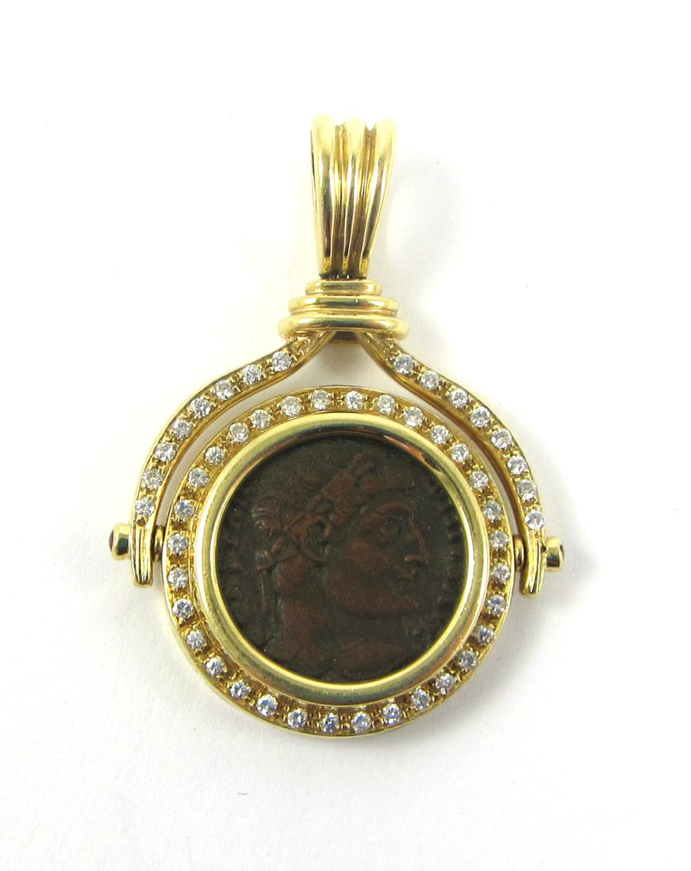 Appraisal: ANCIENT COIN DIAMOND AND EIGHTEEN KARAT GOLD PENDANT featuring a