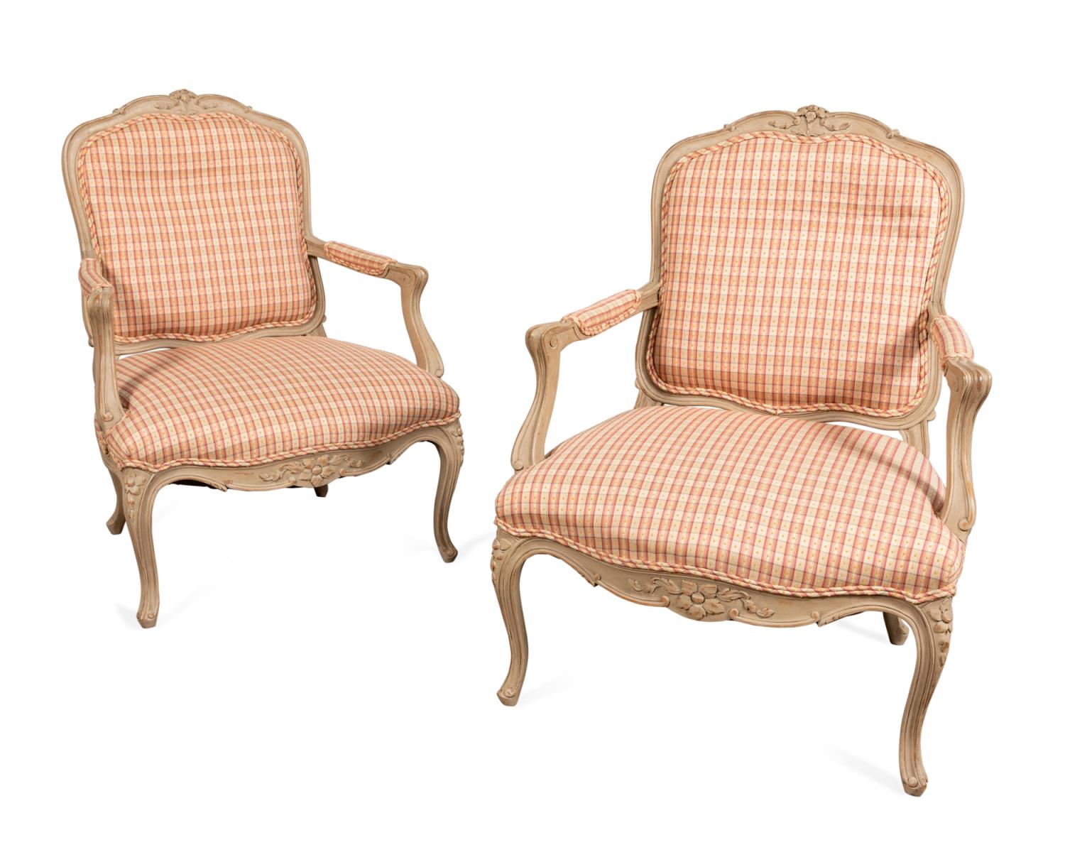 Appraisal: PAIR GREY PAINTED LOUIS XV STYLE FAUTEUILS Pair of French