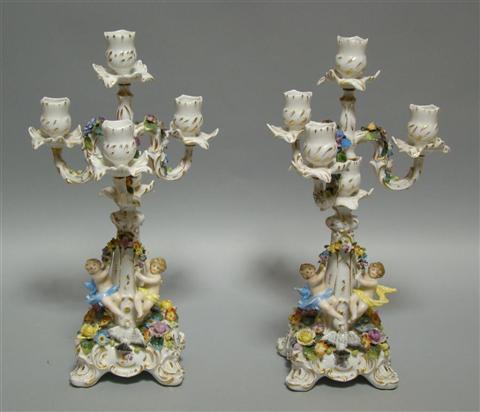 Appraisal: PAIR CONTINENTAL PORCELAIN CANDELABRA Crowned N mark in blue the