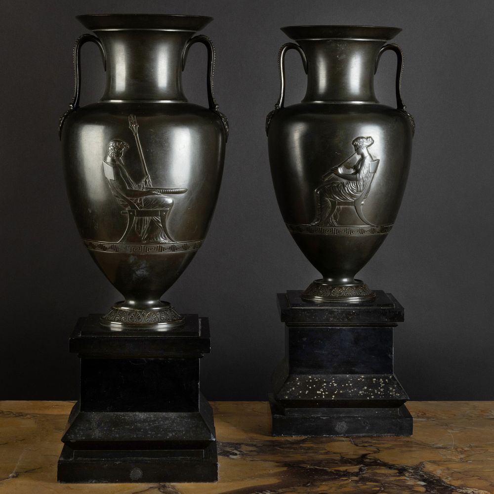 Appraisal: Pair of Neoclassical Bronze Urns on Black Marble Bases After