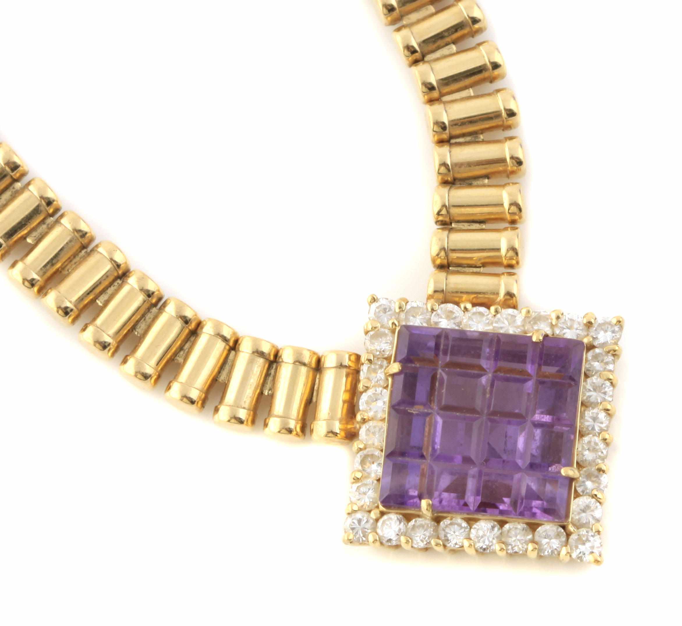 Appraisal: A fantasy-cut amethyst diamond and k gold necklace estimated total