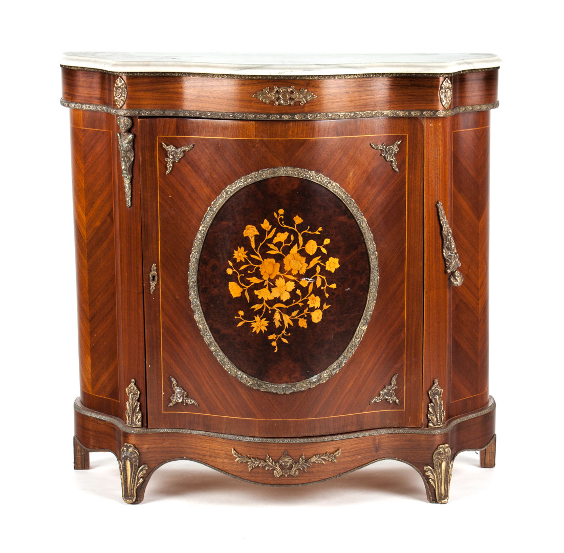 Appraisal: Napoleon III style inlaid walnut side cabinet brass-mounted marble top