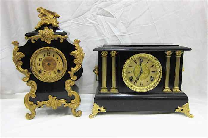 Appraisal: TWO BLACK CASED AMERICAN MANTEL CLOCKS iron cased time strike