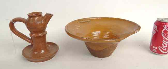 Appraisal: Redware lot including shaving bowl and oil lamp