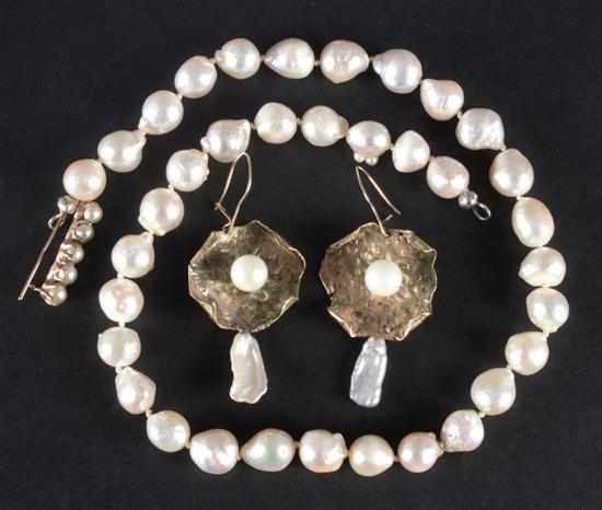 Appraisal: Baroque pearl necklace with a unmarked gold and pearl brooch-clasp