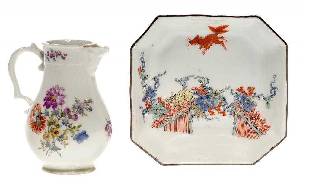 Appraisal: A MEISSEN OCTAGONAL SAUCER AND A JUG the saucer painted