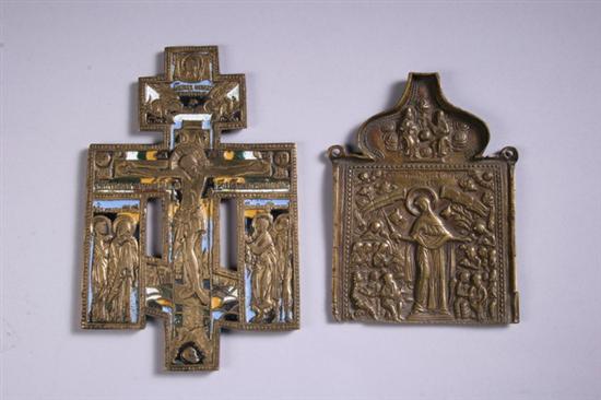 Appraisal: TWO RUSSIAN BRASS TRAVELLING ICONS th century One depicting the