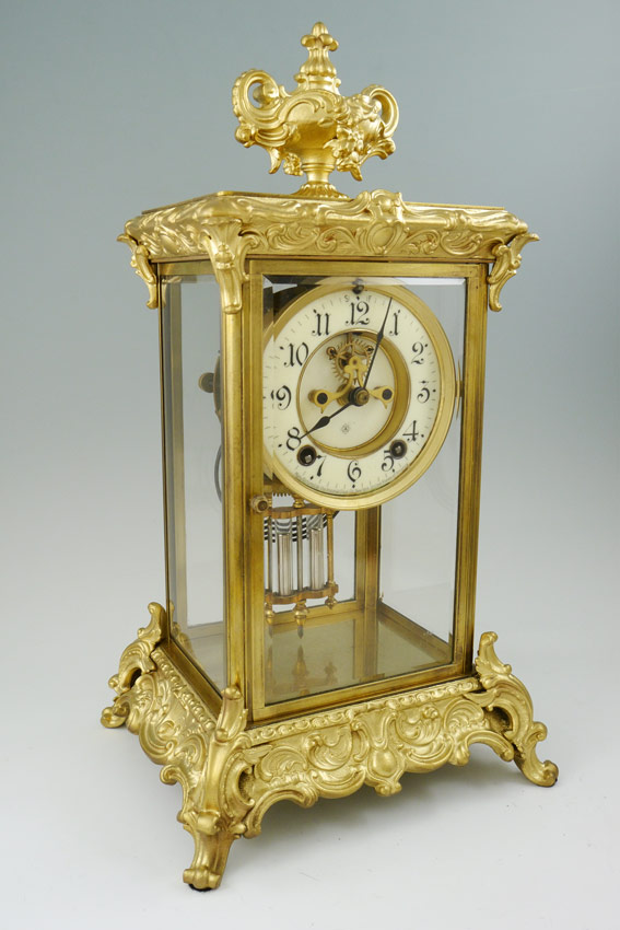 Appraisal: ANSONIA ''CROWN'' MODEL CRYSTAL REGULATOR CLOCK Ornate gilt brass case