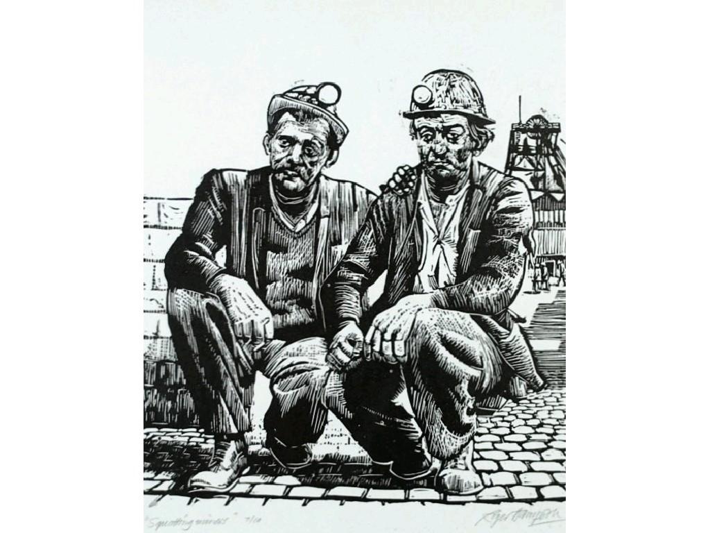 Appraisal: ROGER HAMPSON - LINO CUT 'Squatting Miners' signed and titled