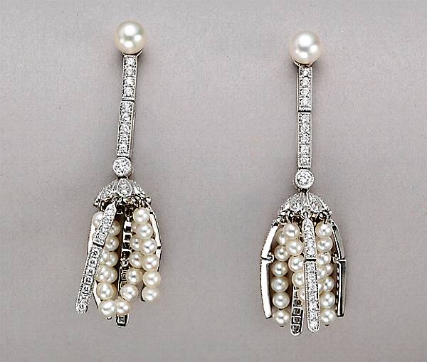 Appraisal: A pair of cultured pearl diamond and platinum tassel earrings