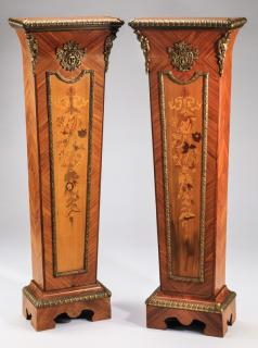 Appraisal: Bronze mounted satinwood pedestals h Pair of Louis XVI style