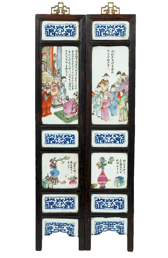 Appraisal: Chinese Long Narrow Porcelain Plaques Chinese wood framed plaques possibly