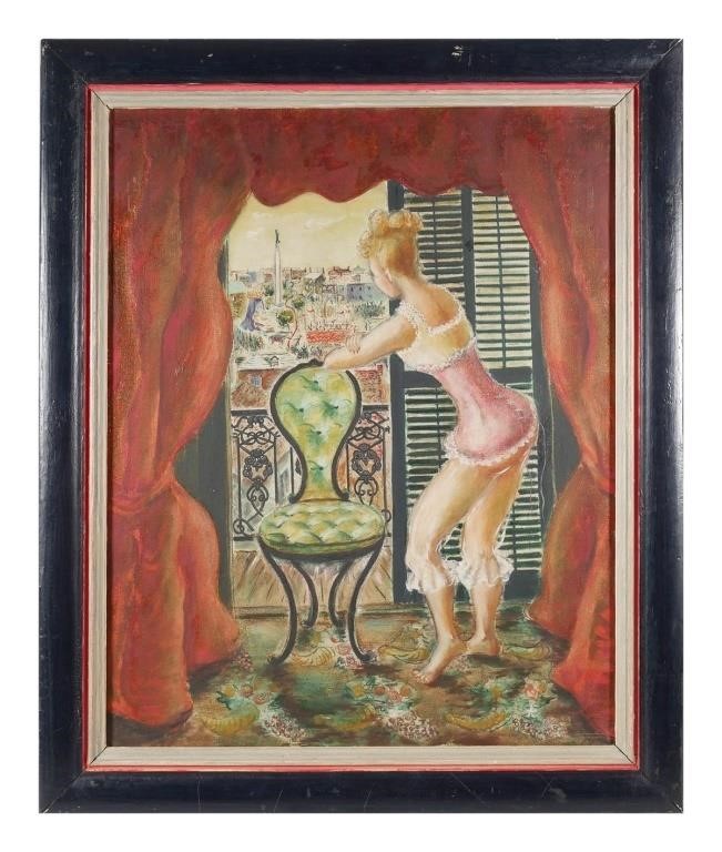 Appraisal: Oil on canvas painting of a woman in lingerie down