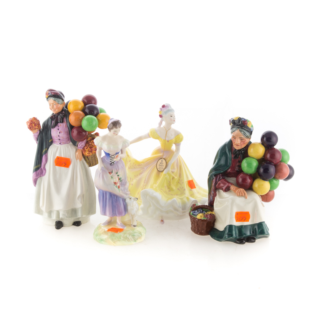 Appraisal: Four Royal Doulton china figures including Spring The Old Balloon