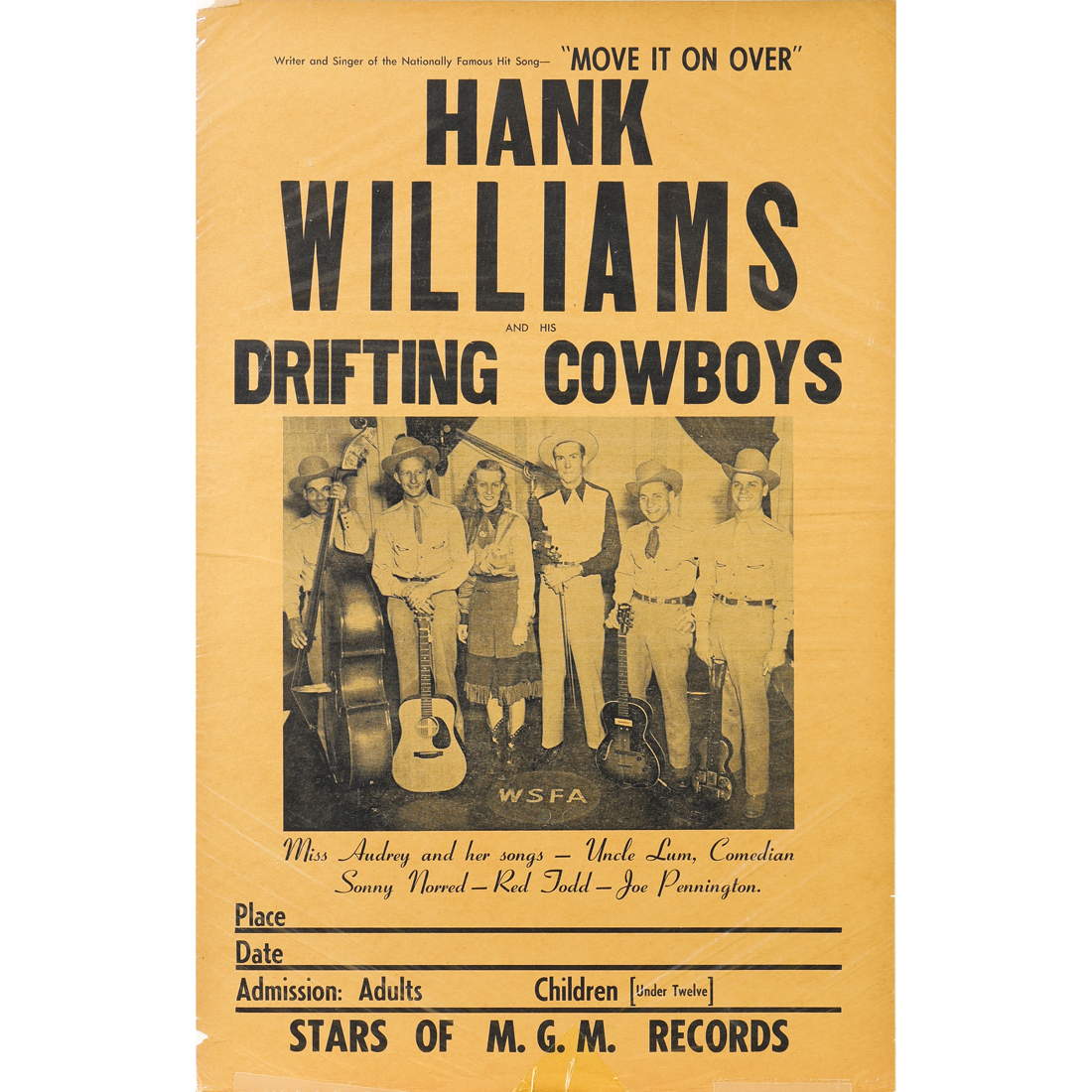 Appraisal: CONCERT POSTER HANK WILLIAMS AND HIS DRIFTING COWBOYS Hank Williams