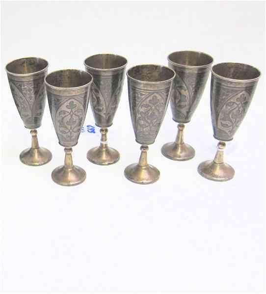 Appraisal: SIX RUSSIAN SILVER NIELLO GOBLETS hand engraved heights '' Russian