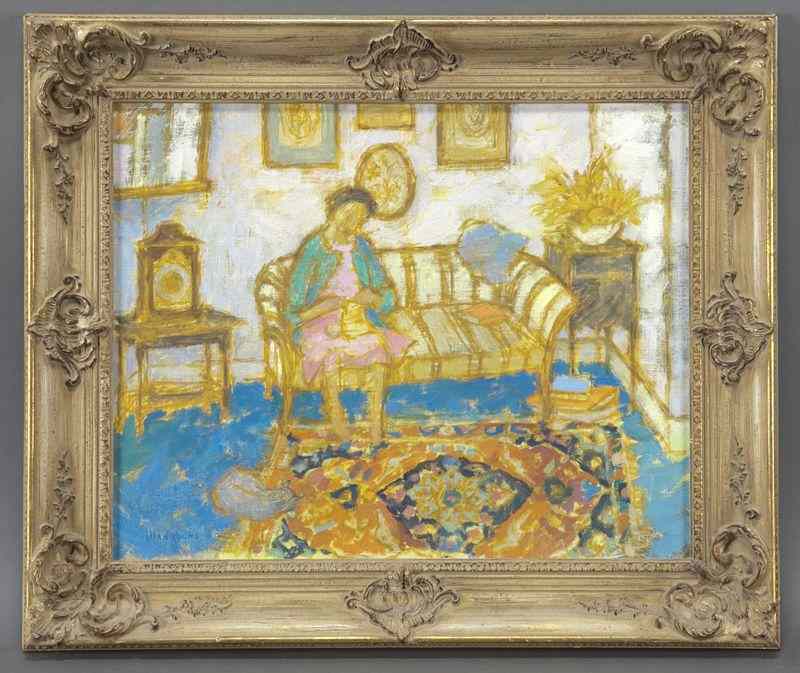 Appraisal: Jean Young ''Interior Scene with Woman Knitting''oil on canvas Signed