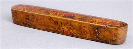 Appraisal: PERSIAN LACQUER PEN BOX The sliding case with scenes of