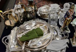 Appraisal: Large group of silverplate and crystal to include Waterford vase