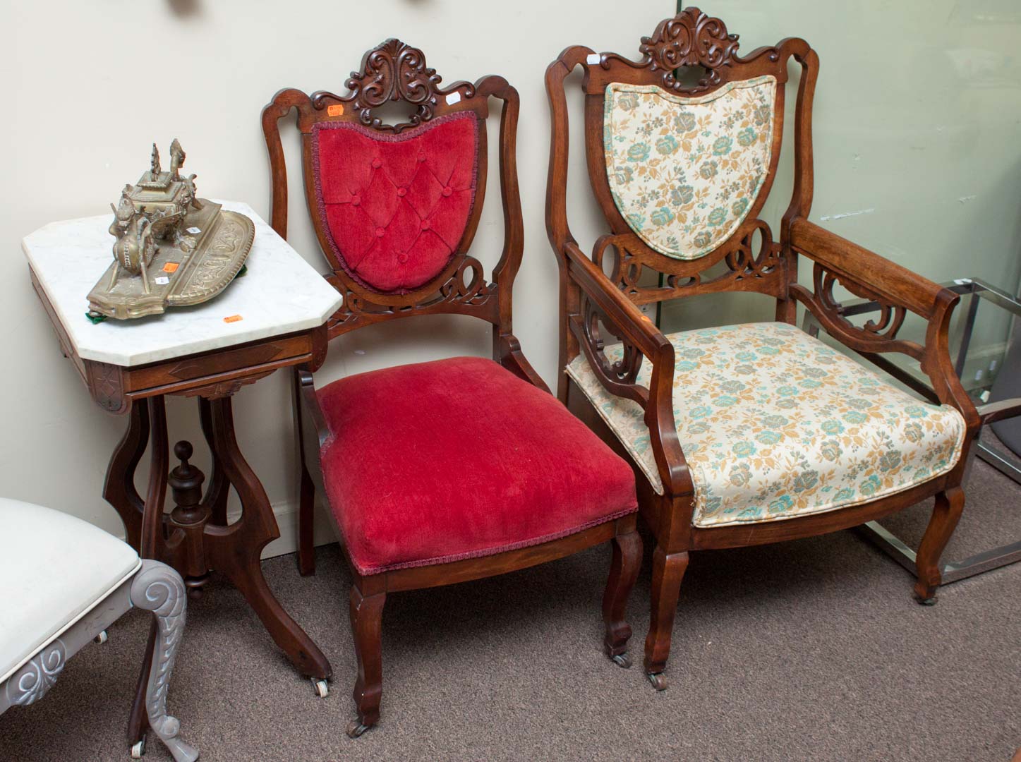 Appraisal: Two Victorian chairs and a marble top stand