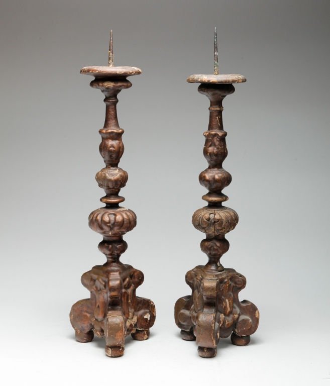 Appraisal: Eighteenth century Gesso covered carved wooden candlesticks Loss repair and