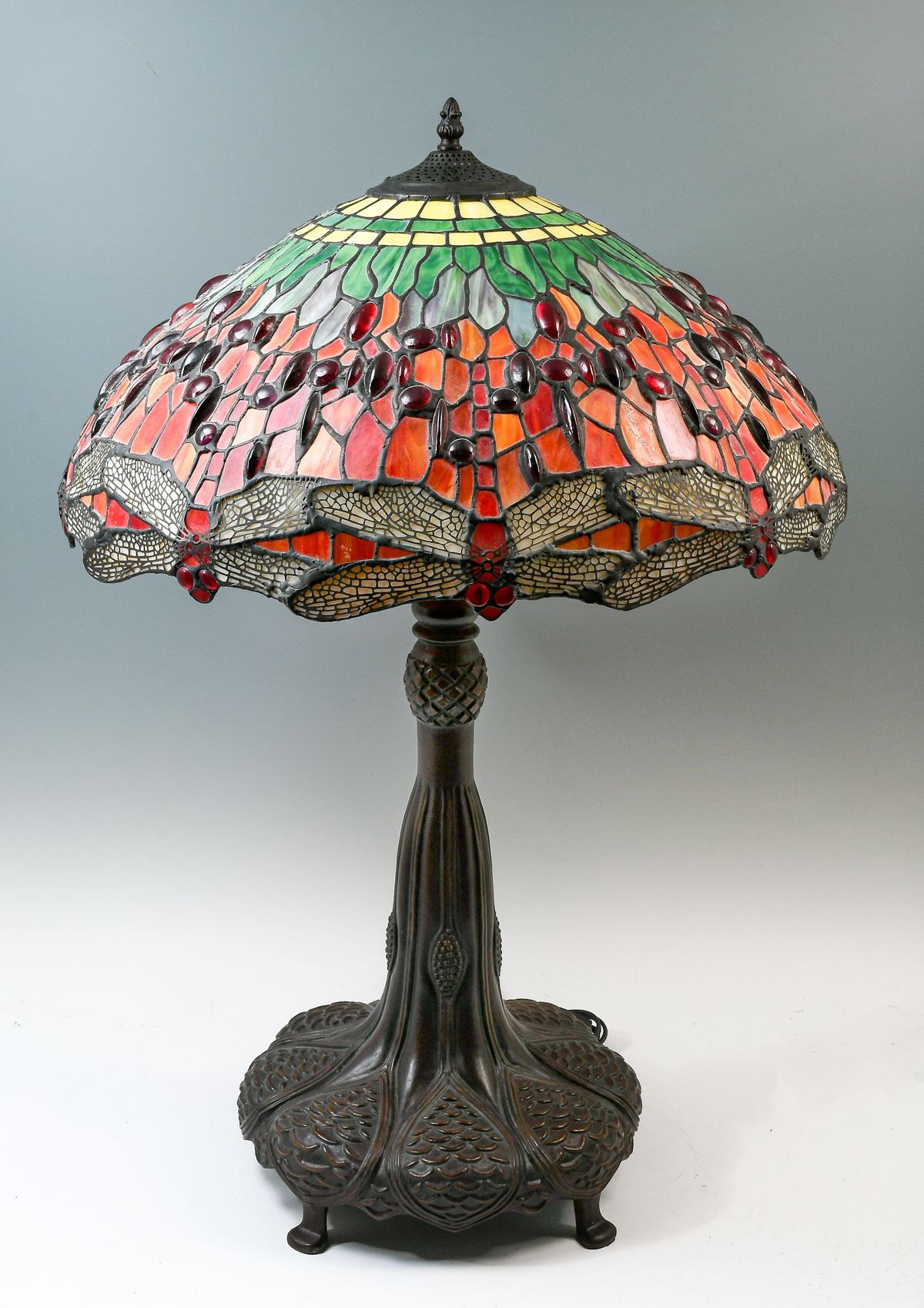 Appraisal: CONTEMPORARY TIFFANY STYLE DRAGONFLY LEADED LAMP Patinated white metal light