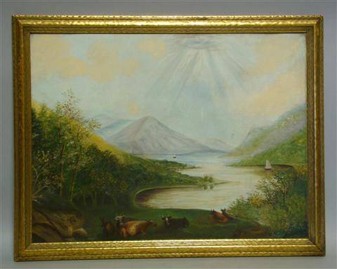 Appraisal: W J APPLEBY MOUNTAIN LANDSCAPE WITH COWS Oil on board