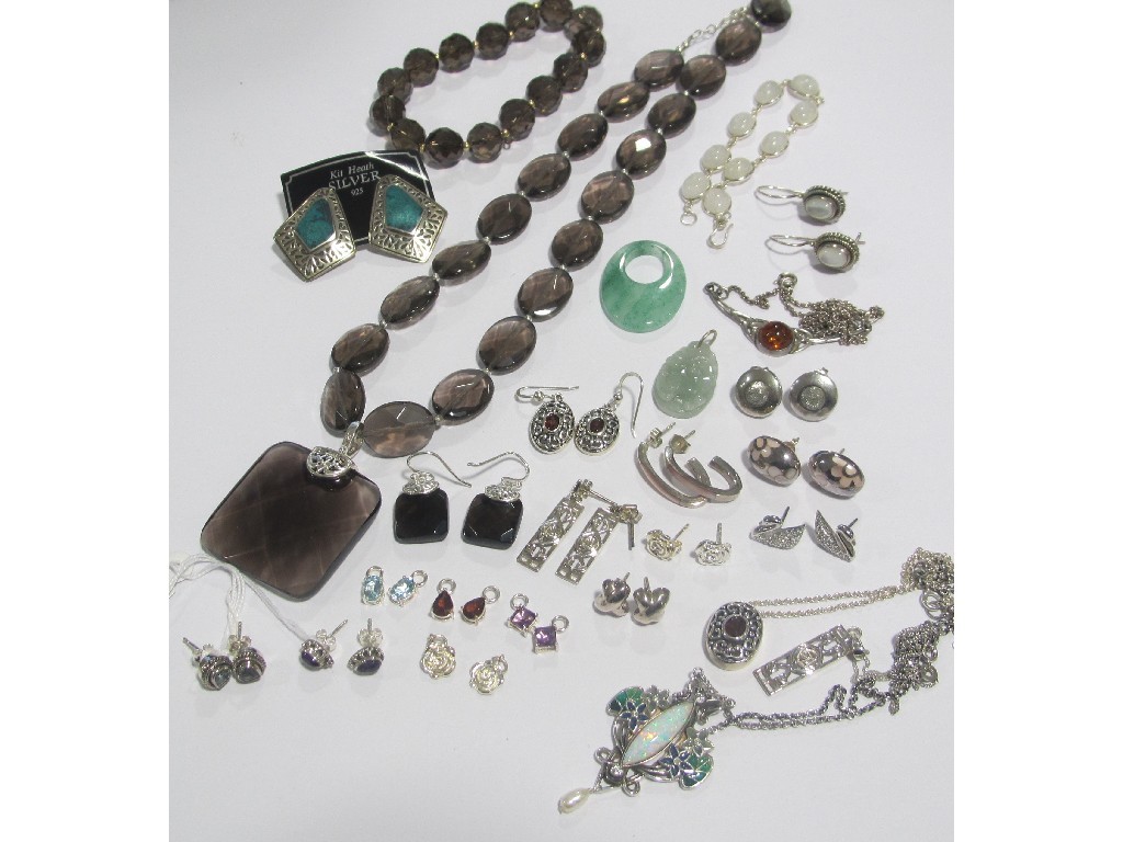 Appraisal: Lot comprising smokey quartz necklace and silver pieces to include