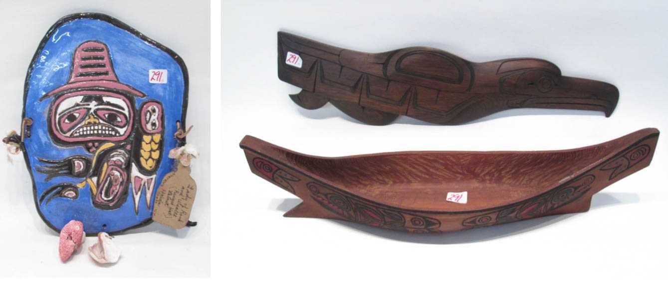 Appraisal: TWO NATIVE AMERICAN WALL PLAQUES AND A MODEL CANOE Haida